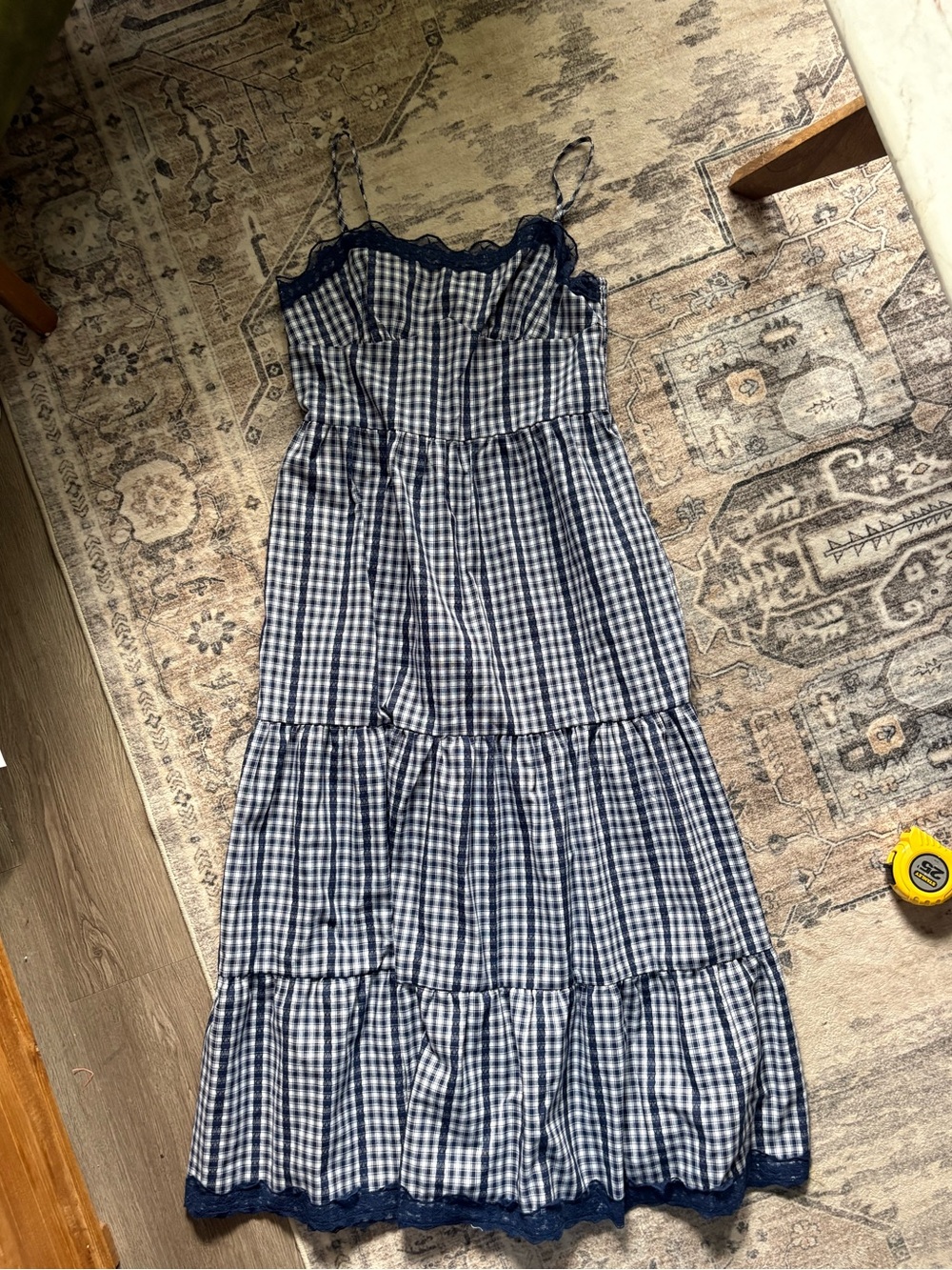 Cider COTTON-BLEND GINGHAM LACE TRIM TIERED SHIRRED MAXI DRESS navy blue XL NEW - Picture 6 of 13